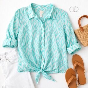 Chicos Coastal Summer Aqua Ikat Print Tie Front Blouse Metallic Stripe 3/XL/16